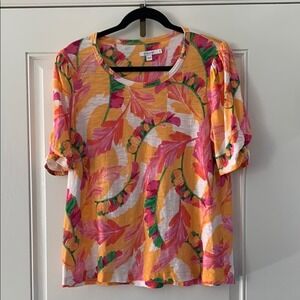 Chico's Pink Orange and Green Graphic Gathered Sleeve Blouse Casual Summer K011